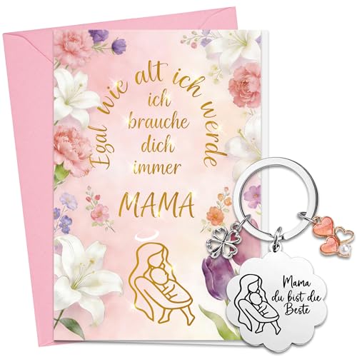 Tasoraor Muttertagsgeschenk Mama Schlüsselanhänger Set - Mama du bist die Beste Schlüsselanhänger Geschenk mit Geschenkbeutel, Muttertag Karte mit Umschlag für Mutter, Geburtstag (Blumenform)