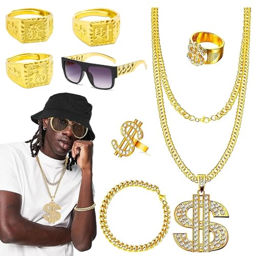 Zuhälter Kostüm,8 Stück Hip Hop Kostüm,80er 90er Jahre Outfit Herren,80er 90er Jahre Rapper Accessoires,70er 80er 90er Jahre Accessoires,Hip Hop Rapper Kostüm,für Karneval,Fasching,Mottoparty