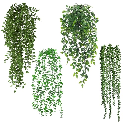 Auauraintt 4 Stück Künstliche Hängepflanzen, 55-80 cm Kunstpflanze Hängend, Künstliche Pflanzen mit Topf, Pflanzen wie Echt Grünpflanze, Kunstpflanzen Hängend für Indoor Outdoor Garten Deko