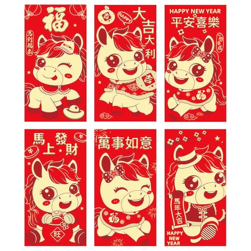12 Stück Chinese New Year Decoration 2026, Rote Umschläge für Chinesisches Neujahr, Hongbao Geldgeschenk Jahr des Pferdes, Red Envelope Chinese Glücksbringer, Papier Geldumschläge Groß