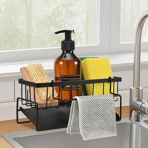 YVCVQKUC Spülbecken-Aufbewahrungsregal und -box, Küchen-Organizer, Edelstahl mit Abtropfschale, für Schwämmen, Handtücher und Geschirrtücher (schwarz)