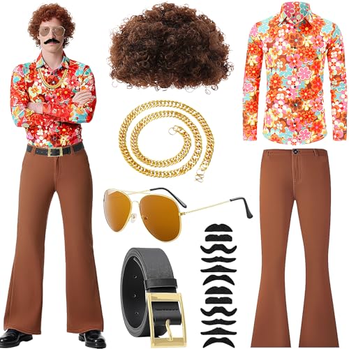 Jokureao 18 Stück 70er Disco Kostüm Männer Set, Hippie Kostüm Herren, Retro Outfit mit Hemd, Schlaghose, Perücke, Gürtel, Brille, Bart & Goldkette, Hippie Karneval Verkleidung