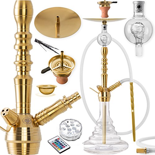 DILAW® Shisha Set Onyx Gold, Edelstahl 75cm Wasserpfeife Hookah Komplett Set bis 3 Anschlüsse inkl. Bowl, Kaminkopf, Molassefänger, Silikonschlauch, Alu Mundstück, Tonkopf, Kaminaufsatz, Zange & LED