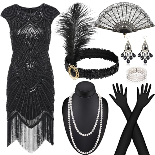 Alintor 20er Jahre Kostüm Damen, Gatsby Kleid Damen mit Accessoires,Flapper Charleston Kleid 20er Jahre, Karneval Kostüm, Faschingskostüme, Peaky Blinders