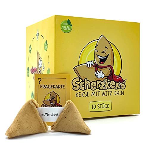 Scherzkeks 10er Box | 10 Kekse mit Scherzfrage & Antwort im Glückskeks, Lustige Geschenkidee Made in Germany, für Geburtstage, JGA, Familienfeiern, Weihnachten, Silvester
