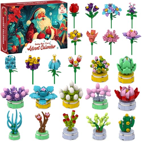 Adventskalender 2025 Blumen Bausteinen für Kinder –Weihnachtskalender mit 24 STEM Verschiedenen Blumen Sukkulente Zimmerdeko und Geschenkidee Kreatives Bauspielzeug für Jungen & Mädchen