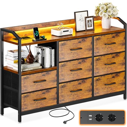 ODK Kommode, mit LED 2 USB und 2 Steckdosen, 8 Vintage Stoffschubladen
