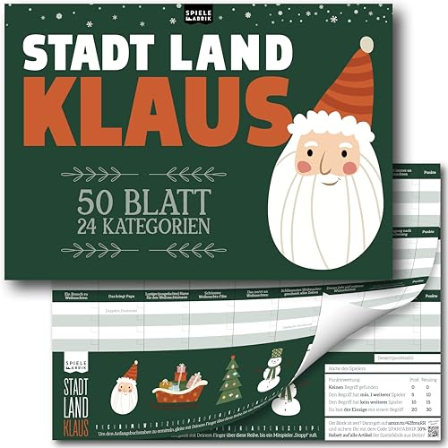Stadt, Land, Klaus | lustiges Ratespiel für Weihnachten mit 24 Xmas-Kategorien | Familienspiel Partyspiel zur Weihnachtszeit | Geschenk-Idee Nikolaus | DIN A4-Block | 50 Blatt