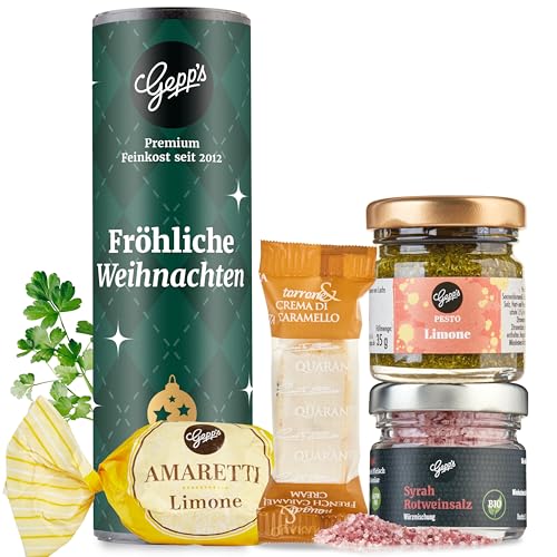 Gepp‘s Feinkost Weihnachts-Geschenk „Frohe Weihnachten“ I Kleines Geschenkset Weihnachten mit köstlichen Delikatessen I Mit italienischer Pesto Limone, Bio Rotwein-Gewürzsalz und Gourmet Naschereien