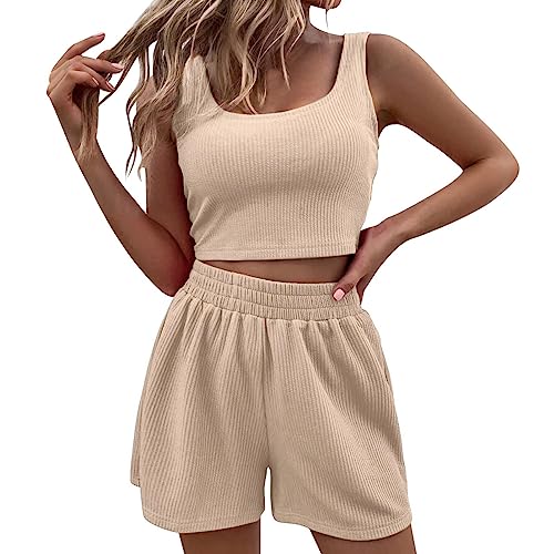 Generisch Kurze Hose Damen Sommer Zweiteiler Sommer Hosenanzug Elegant Outfits Kleidung 2 Teiler Set Crop Tank Top + Shorts Y2k Aesthetic Clothes Workout Sport Anzug c-Beige L