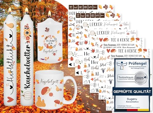 Sugeru 6 PCS Kerzentattoo Wassertransferdruck | wasserschiebefolie kerzen | kerzenaufkleber sticker | Kerzen dekorieren | Sprüche,ostern,Lieblingsmensch,Happy Birthday(Herbst)