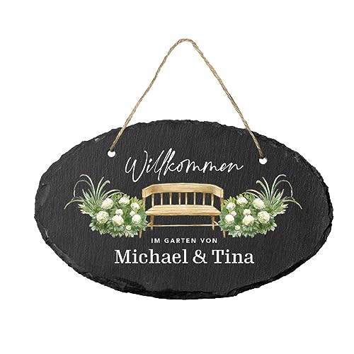 Schiefertafel für den Garten (oval) | personalisiert mit bis zu zwei Wunschnamen | Türschild zum Aufhängen | individuelle und dekorative Geschenkidee | für Gartenliebhaber