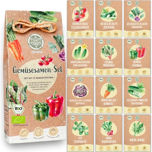 Bio Gemüse Samen Set - 12 Sorten Gemüsesamen aus biologischen Anbau, samenfestes Gemüse Saatgut, Bio Gemüsesamen Set für das Hochbeet, Garten, Balkon und Küche, 12er Pflanzensamen Set