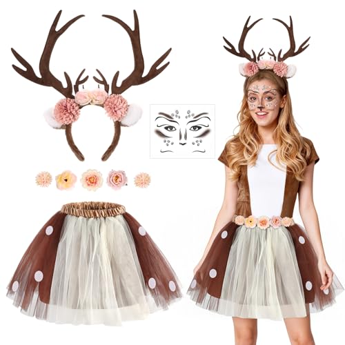 4 Stück Reh Kostüm Damen, Rentier Haarreif Reh Tattoo Gesicht Tütü Rock Blumen Clips Set, Geweih Haarreif Rentier Kostüm Erwachsene TierKostüm Damen für Halloween Weihnachten Karneval Cosplay Party