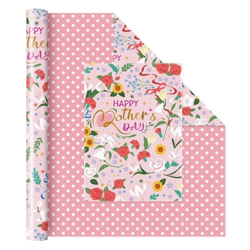 WERNNSAI Geschenkpapier zum Muttertag – 1 Rolle 43 cm x 10 m Geschenkpapierrolle zum Muttertag Rosa Geschenkpapier mit Blumenmuster Polka Dot Geschenk für Damen MuttertagHerzliche Grüße