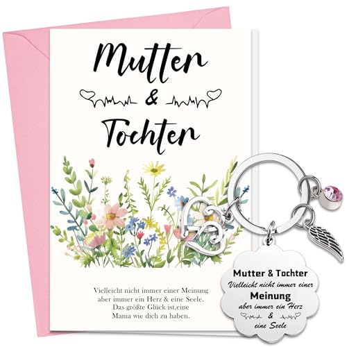 Tasoraor Muttertagsgeschenk Mama Schlüsselanhänger Set - Tochter an Mama Geschenk mit Schlüsselanhänger Geschenkbeutel, Muttertag Karte mit Umschlag für Mutter, Geburtstag, Dankeschön (Blumenform)