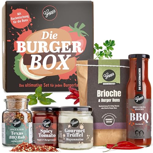 Gepp’s Feinkost Burgerbox Geschenkset I Gefüllt mit feinsten Grill- und BBQ-Saucen, Texas BBQ Rub und Brioche I Geschenkidee für Grillfeste und Burger-Abende für Papa, Freund und Ehemann