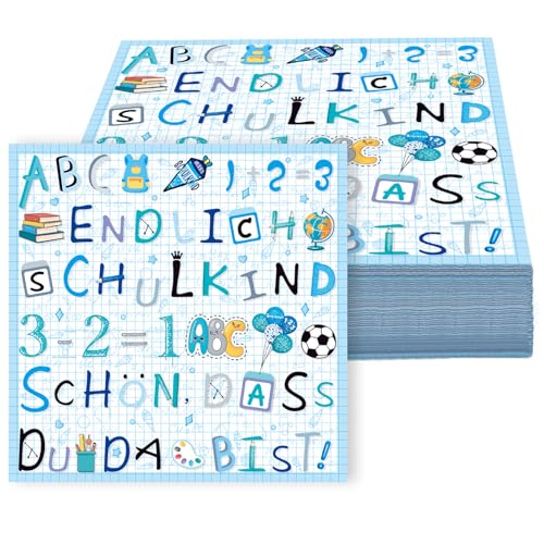 40 Stück Servietten Einschulung,Papierservietten Kinder, Bunte Schulkind Servietten für Mädchen und Jungen, 33x33 cm, Perfekte Deko für den Schulanfang