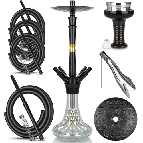 schlauch Shisha Set Komplett Schisha 4 Anschlüsse - Shisha mit Premium Wasserpfeife Zubehör inkl. 4 Schaluch Phunnel Kopf Mit HMD + 4 Mundstück Tauchrohr - Schwarz