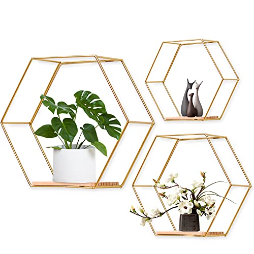 Hexagon Wandregal Metall 3er Set, Deko Hängeregal Loft Wandregal, Regale für Wanddeko in Wohnzimmer, Schlafzimmer, Bad, Café und Hotel