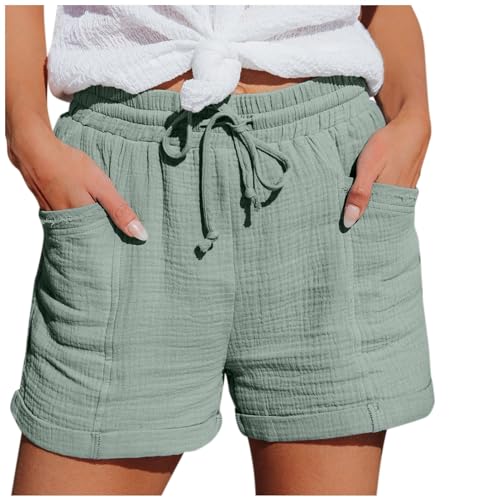 LKRSEEF Kurze Hose Damen,Leinen Shorts Damen,Musselin,Sommer Kurz,Summer Women Hotpants,Umstandshose,Paperbag Shorts,Leinenshorts,Strandhose,Stoffhose Leicht,high Waist,Grayish Green,M