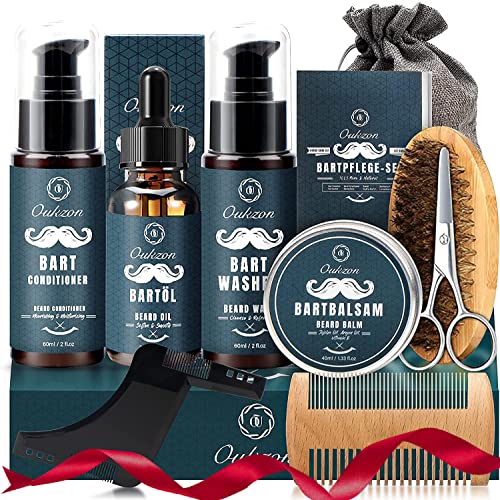 Bartpflege Set für Männer, Oukzon Hochwertig Bart Geschenke für Männer - 60ML Bartshampoo, 60ML Bart Conditioner, Bartöl, Bartbalsam, Bartkamm,Bartbürste, Bartschere,Bartschablonen,Reisetasch