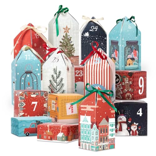 Adventskalender zum Befüllen, Adventskalender zum Selbstbefüllen mit 25 Häuser und Kartons, DIY Weihnachtskalender zum Basteln, 2025 adventskalender Geschenk Tüten Kinder Mädchen Frauen Erwachsene