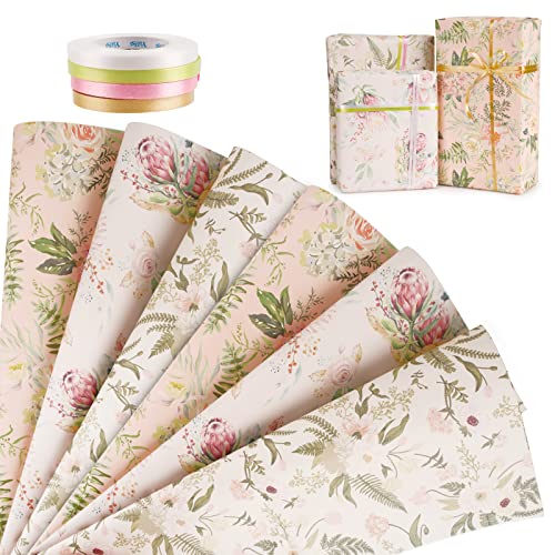 6 Blätter Geschenkpapier Blumen 50x70cm Bunt Elegant Vintage Verpackungspapier mit 4 Stück 10m Bänder Geschenkverpackung für Frauen Hochzeit Muttertag Geburtstag Taufe
