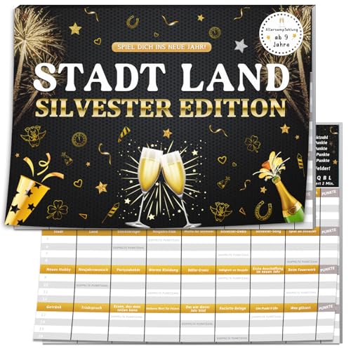 Stadt Land Silvester Edition, Partyspiel & Familienspiel, Spiele für Erwachsene & Kinder ab 9 Jahren, Geschenk für Silvester, Nikolaus ,Weihnachten oder Adventskalender Füllung 2025, Wichtelgeschenk