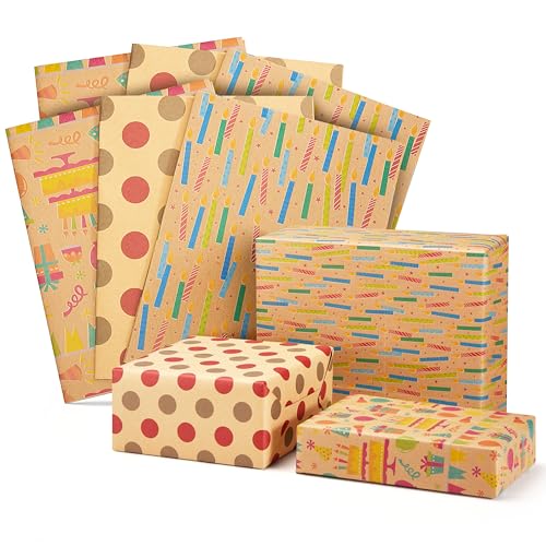 Switory Geschenkpapier Weihnachten, Geburtstagspapier Geschenkpapier Set - 6 Blätter Geschenkpapier Recycelbares Kraftpapier für Geschenke Valentinstag Jahrestag Geburtstag (50 X 76 cm)