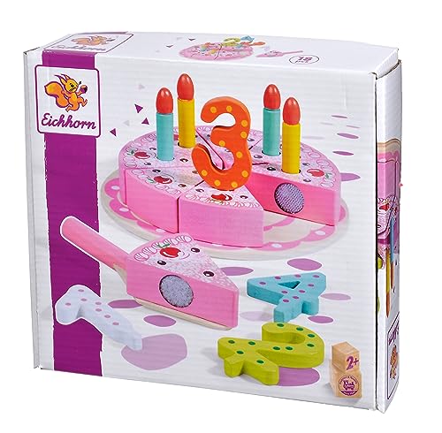 Eichhorn 100003729 - Geburtstagskuchen mit Steckzahlen, Set enthält 1xKuchenheber, 4xZahlen, 8xKuchenstücke, 4xKerzen, 18 TLG, Kiefernholz