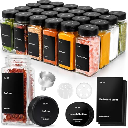 EDELHAUS Gewürzgläser Eckig Set mit Schwarzem Deckel (24 x 120ml) Gewürzstreuer mit Streueinsatz und 240 Etiketten Schwarz - Gewürzbehälter, Gewürzdosen, Gewürze organizer [10,5cm x 4,5cm]