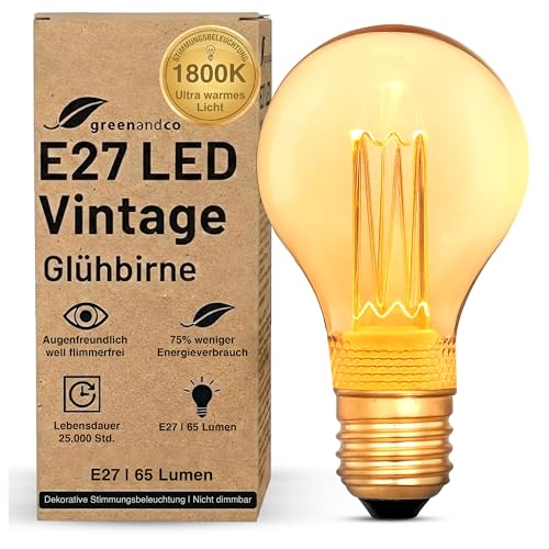 greenandco E27 LED Vintage Glühbirne zur Stimmungsbeleuchtung | E27 A60 | gold | 2W 65lm | 1800K extra warmweiß | 320° | 230V | flimmerfrei | nicht dimmbar | Edison Glühbirne