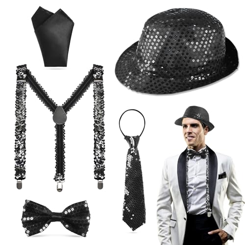 5 Stück Disco Glitzer Accessoires Herren Pailletten Hosenträger Kostüm Set mit Glitzer Hut Fliege Krawatte Hosenträger Einstecktuch,Glitzer Outfit Accessoires Herren für Karneval Fasching Jazz Dance