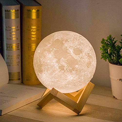 Mydethun Muttertagsgeschenk Mondlampe 3D Moonlight 15cm mit Holzständer Touch Control und USB wiederaufladbar weiß & gelb Geschenke für Frauen Mädchen Mutter Heimdekoration
