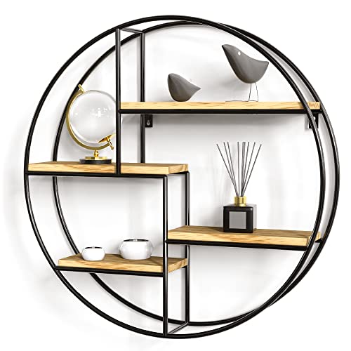 Gadgy® Wandregal Rund - Regal Wand mit 4 Böden - Wandregal Holz & Geschweißtes Extradickes Metall - Wanddeko Wohnzimmer Industrieller Stil - Wandregal Schwarz Ø42x10cm