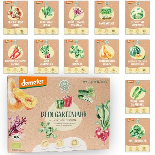 BIO Gartenjahr Gemüse Samen Set - 12 Sorten Demeter Gemüse Saatgut für das ganze Jahr | Seltene u. alte Gemüsesamen allesamt samenfest | Für Balkon, Hochbeet, Garten & als Geschenk | Loveplants