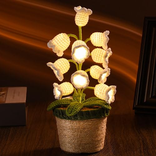 Geschenke für Frauen Gestrickte Glockenorchidee Blumen Mit LED Lichter Handgemachter Topfpflanze Exquisite Gestrickte Blumen für Romantisch Dekoration Geschenk zum Muttertag Valentinstag Jubiläum