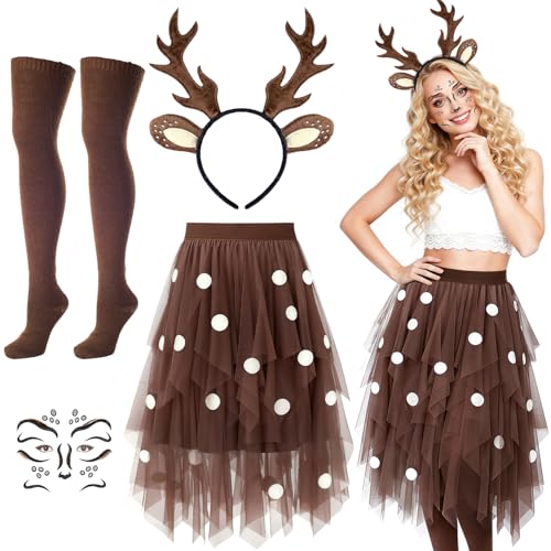 iZoeL Karneval Kostüm Damen Mädchen, Reh Geweih Haarreifen mit Rentier Ohren Punkte Tutu Rock Socken Rehface Tattoo Reh Kostüm Accessorie, Reh kostüm Karneval Fasching Mottoparty Cosplay