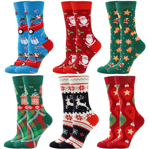 BISOUSOX Weihnachtssocken Damen Lustige Socken Damen Christmas Socks 6 Paare Christmas Design Festive Baumwolle Buntes Socken Weihnachtsgeschenke für Frauen Herren 36-40