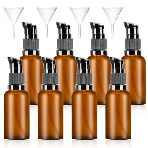 KTPCN 8 Stück Leer Glasflaschen zum Befüllen, 30ml Braunglas Pumpspender, Glas Pumpflasche, Lotionspender Flasche mit Pumpe, für Reise Ätherisches Öle Flaschen Handcreme Spender, mit 4 Trichter (8)