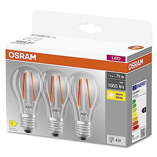 Osram LED BASE Classic A75, klare Filament LED-Lampen aus Glas für E27 Sockel, Birnenform, Warmweiß (2700K), 1055 Lumen, Ersatz für herkömmliche 75W-Glühbirnen, 3er-Box