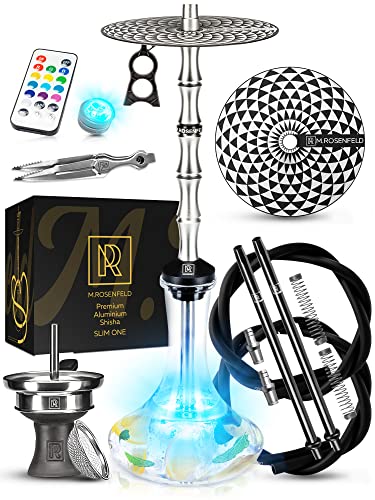 M. ROSENFELD Shisha 2 Schläuche Set - 85cm Groß, XL Komplettset mit Quality Zubehör LED Licht, 2 Anschlüsse Aluminium + Edelstahl Rauchsäule + Gravur