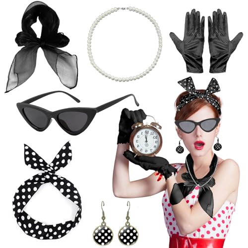 NebulaGlam 50er Jahre Accessoires Damen, 8 Stück Rockabilly Accessoires Damen für Karneval, 1950s Kostüm Set mit Chiffon Schal Handschuhe Sonnenbrille Polka Dot Bandana Ohrringe Halskette(Schwarz)