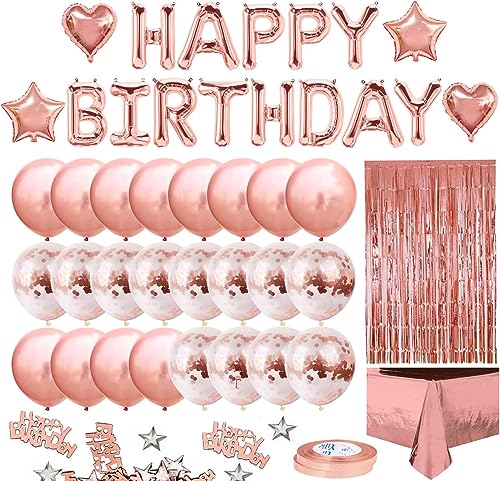 iZoeL Geburtstag Deko Rosegold Geburtstagsdeko Frauen Mädchen Happy Birthday Girlande Konfetti Luftballon Rosagold Partydeko Tischdeko Vorhang Tischdecke