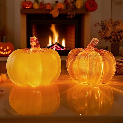 Herbstdeko Kürbis Deko, 2 Stück LED Kürbis Leuchtende, Herbst Dekoration Kürbis beleuchtet, Halloween Deko Kürbis Für Herbst Festival Erntedankfest Halloween Weihnachten (Orange)