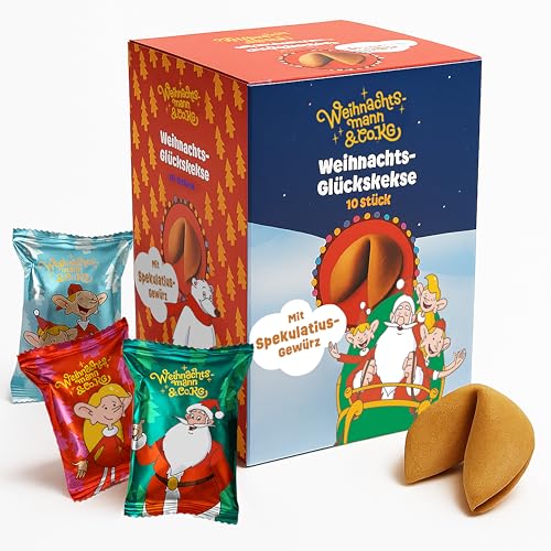 FOOD crew 10x Weihnachtsmann & Co. KG Weihnachtsglückskekse - 3 Motive - Glückskekse Weihnachten mit Spekulatius Geschmack - Einzeln Verpackt mit deutschen Sprüchen - Vegan - Made in Germany