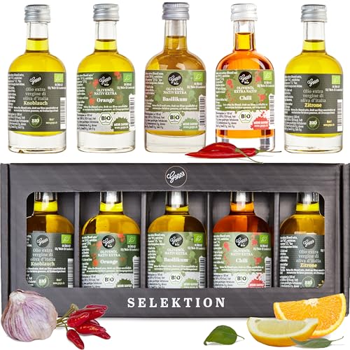 Gepp‘s Feinkost Öl Geschenkbox „Öl-Clutch“ I Gewürzöl Set mit 5 erlesenen BIO-Ölen I Olivenöl Basilikum, Chili, Knoblauch, Orange & Zitrone I Geschenkidee für Männer & Frauen