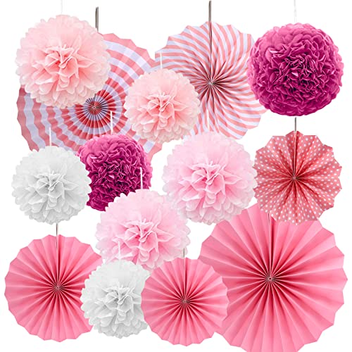 14 Stück rosa Papier Party Dekorationen, Papier Pompoms Dekorationen, Papiers Fächer Pompoms Hochzeits Party für Festival, Karneval, Geburtstags Dekor