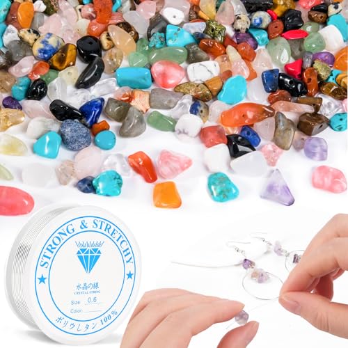 RUBY 420 Stück Bunte Edelstein Perlen mit Loch Naturstein Chips zum Auffädeln – DIY Schmuck Bastelset für Armbänder, Halsketten & Ohrringe mit 0,6 mm Elastikfaden